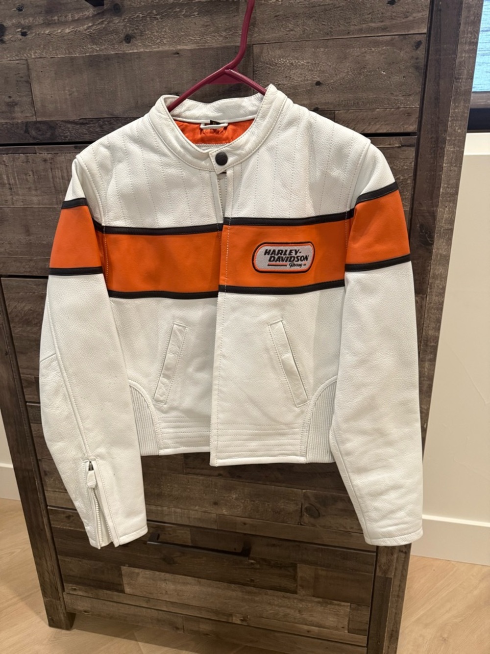 Harley-Davidson Women’s White Leather Jacket with Orange Chest Stripe